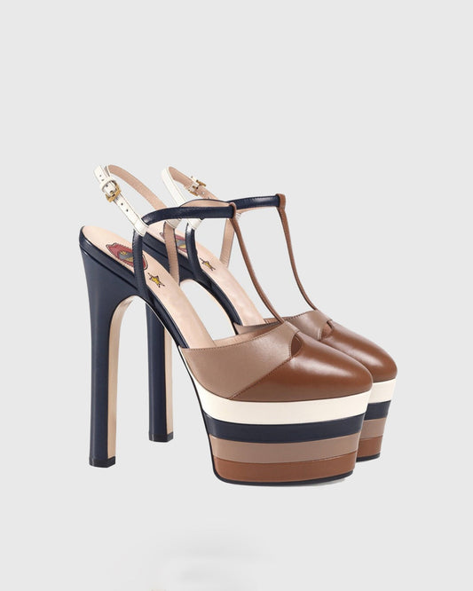 Dionisia Stripe Strap Platform Heels In Brown