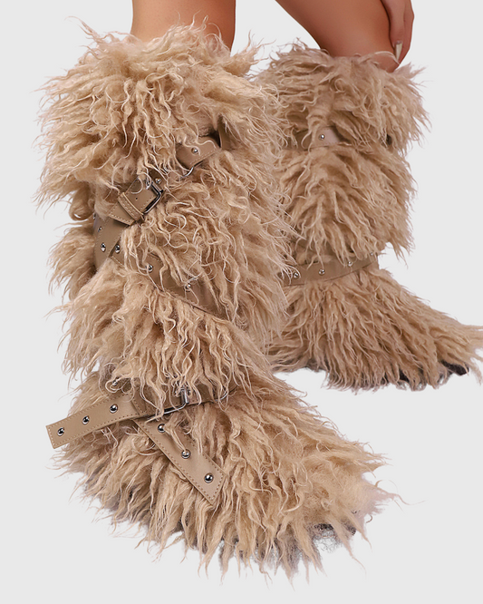 Dora Faux Fur Buckle Strap Knee High Boots In Khaki