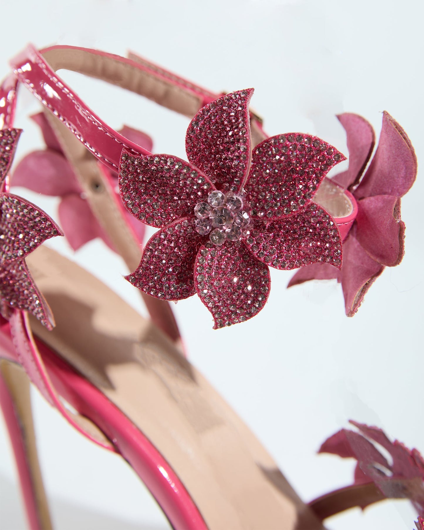 Ester Crystal Flower Strap Sandals In Hot Pink