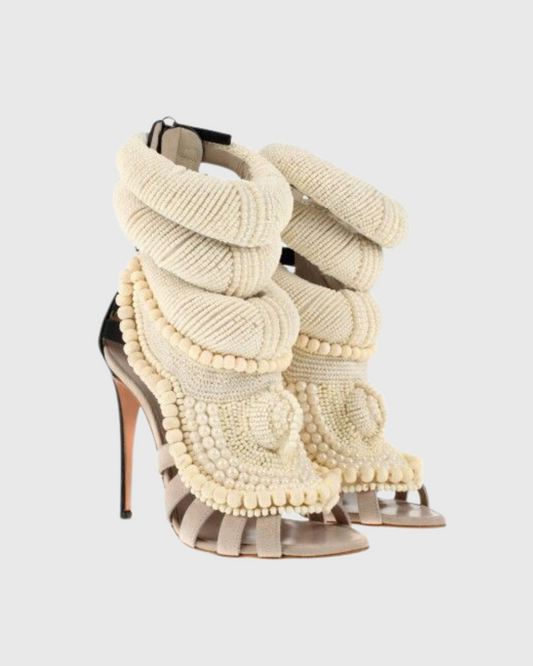 Edith Pearl Embellished Strap Sandals In Black And Beige