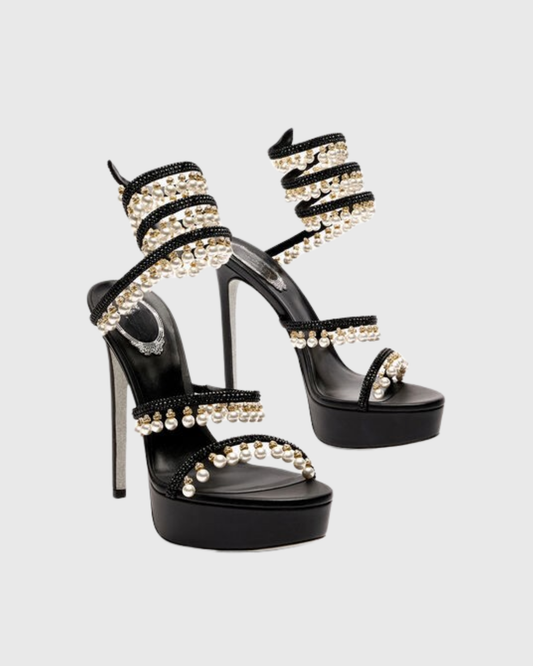 Elisa Pearl Fringe Snake Platform Sandals In Black