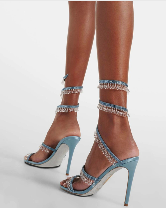 Elisa Rhineston Fringe Snake Sandals In Sky