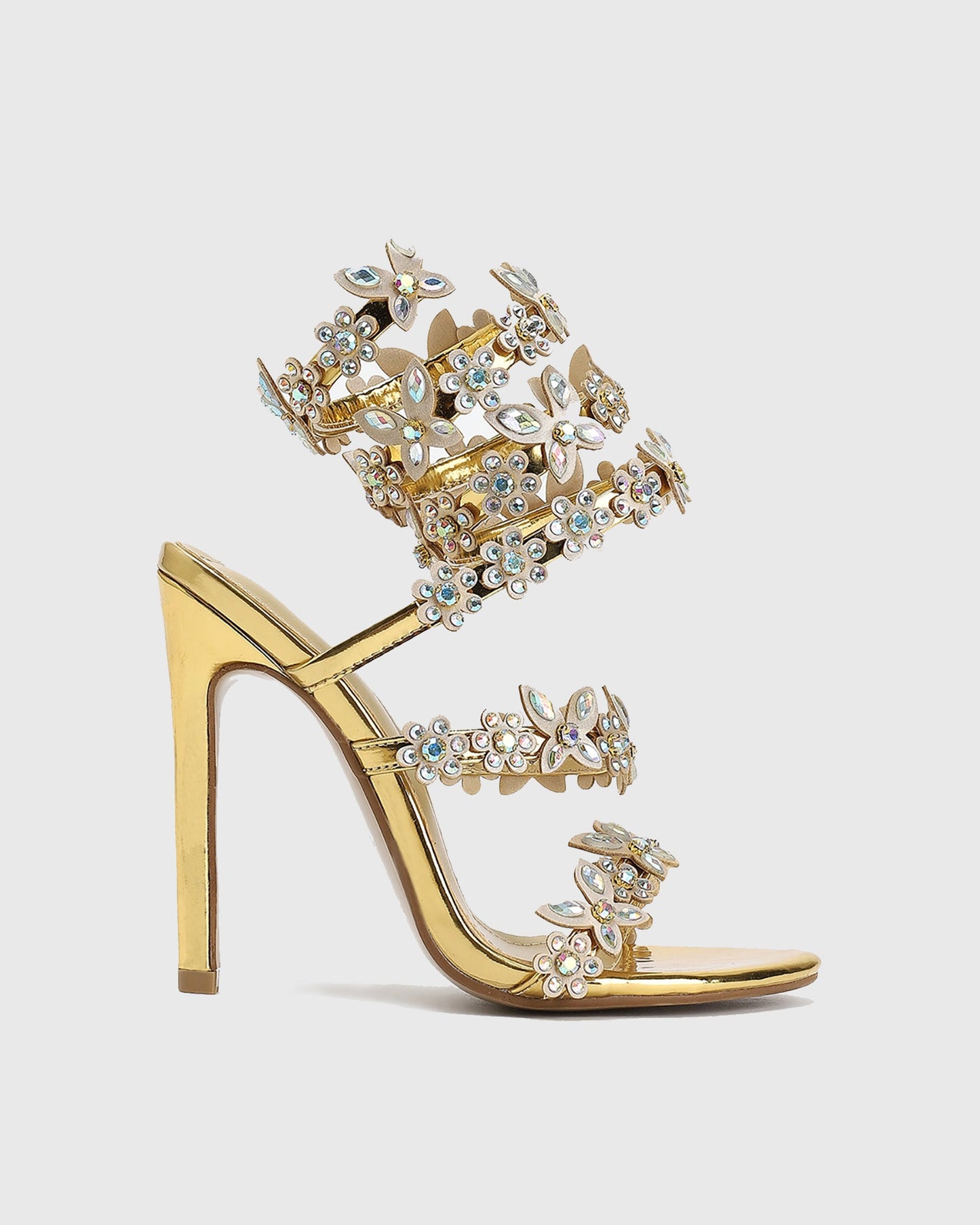 Elisa Rhinestone Butterfly Embellished Snake Sandals In Gold