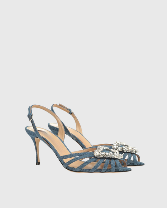 Emilee Diamond Triangle Slingback Cage Sandals In Denim Blue