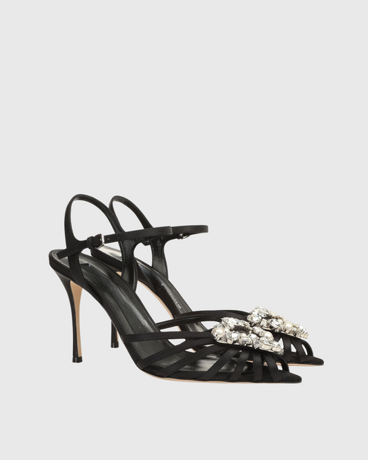 Emilee Diamond Triangle Strap Cage Sandals In Black