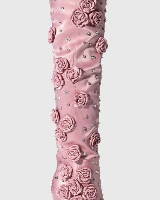 Erika Rhinestone Flower Knee High Boots
