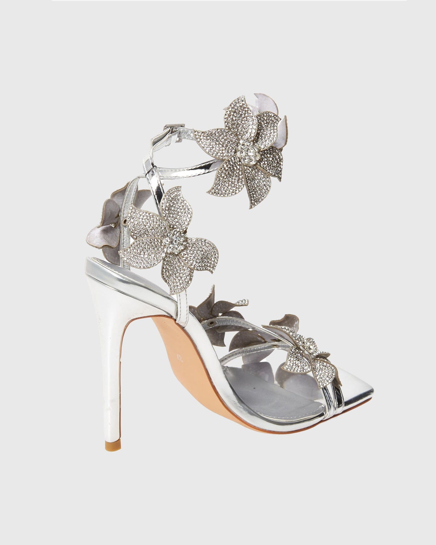 Ester Crystal Flower Strap Sandals In Silver