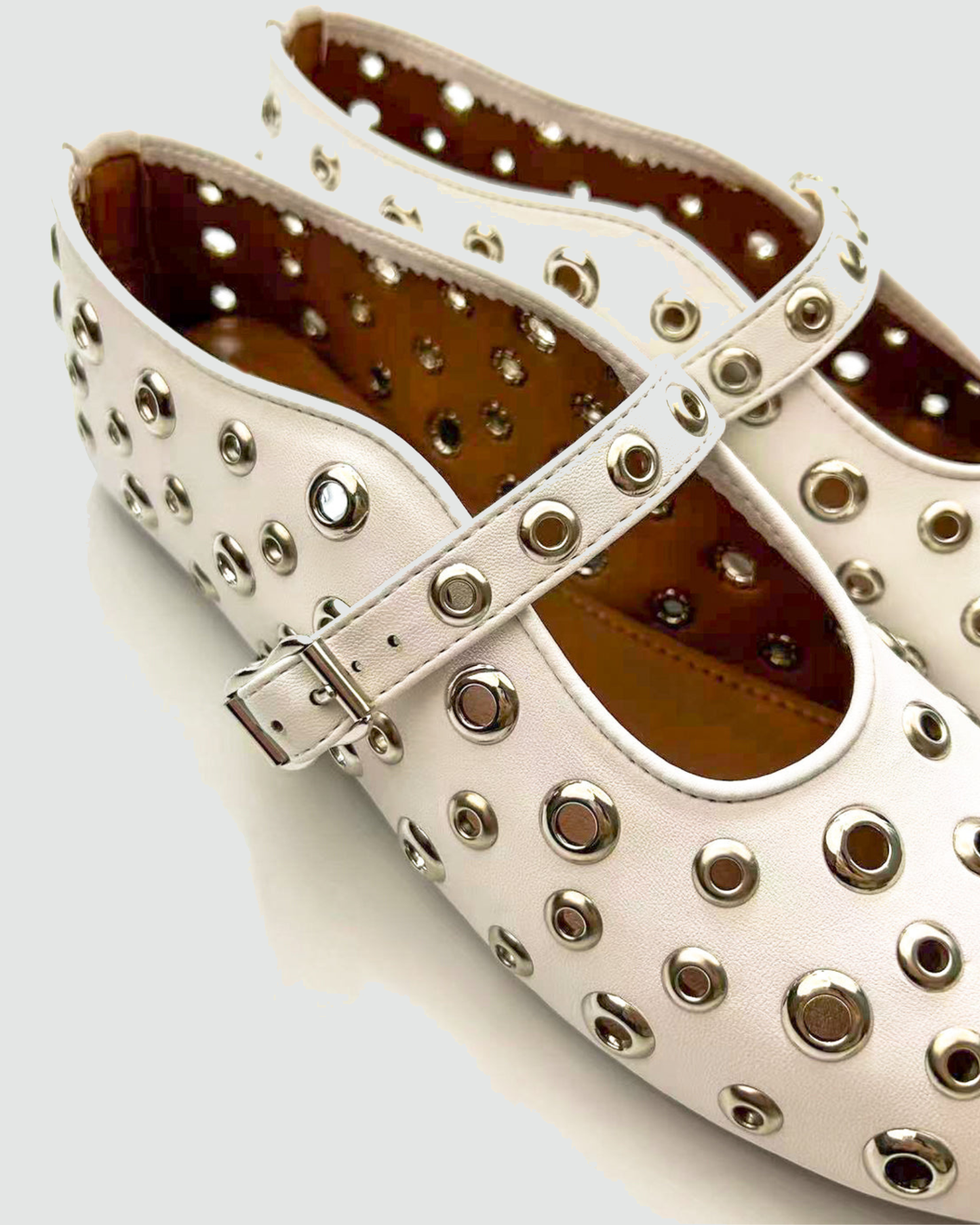 Eyelet Rivet Cutout Leather Ballet Flats In White
