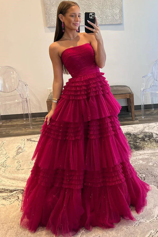 Fuchsia Strapless Tulle Multi-Layers Long Evening Prom Dress