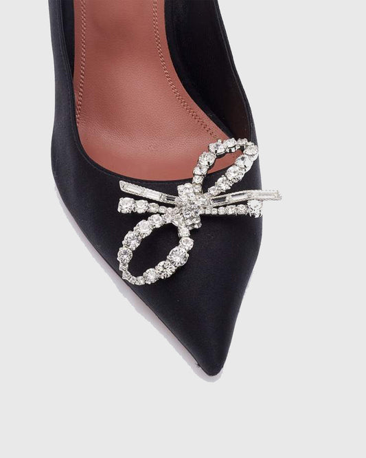 Fedora Crystal Bow Satin Pumps In Black