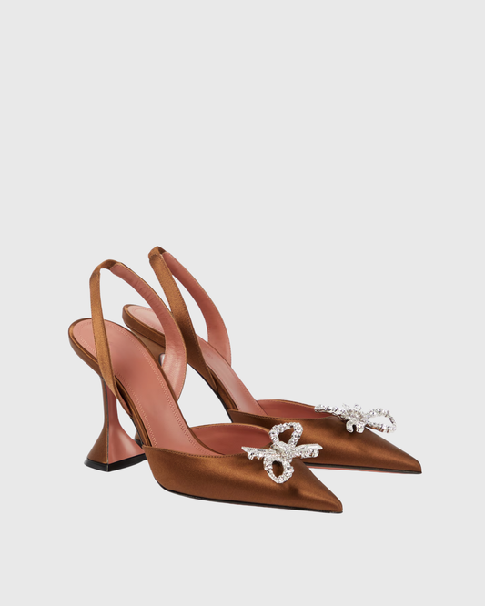 Fedora Crystal Bow Satin Slingback Pumps In Brown