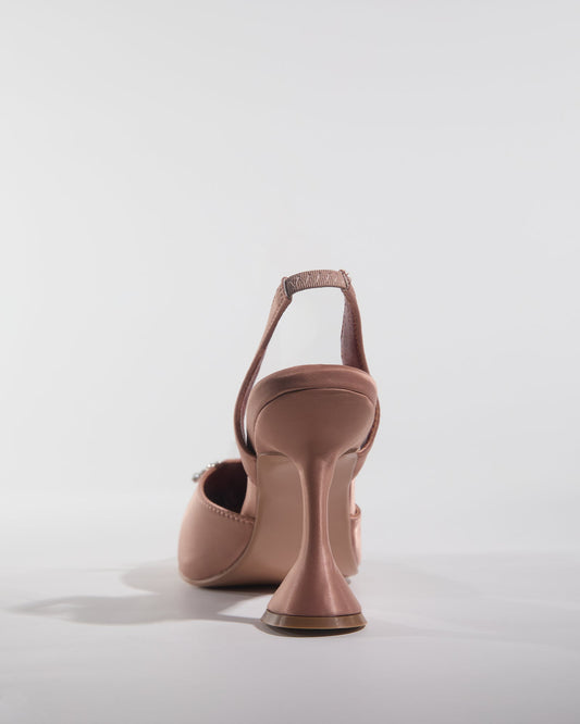 Fedora Crystal Bow Satin Slingback Flared Heels In Champagne