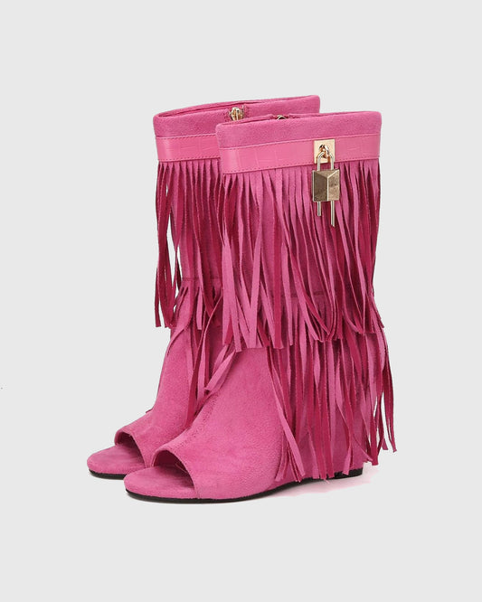Fella Fringe Open Toe Ankle Boots In Pink