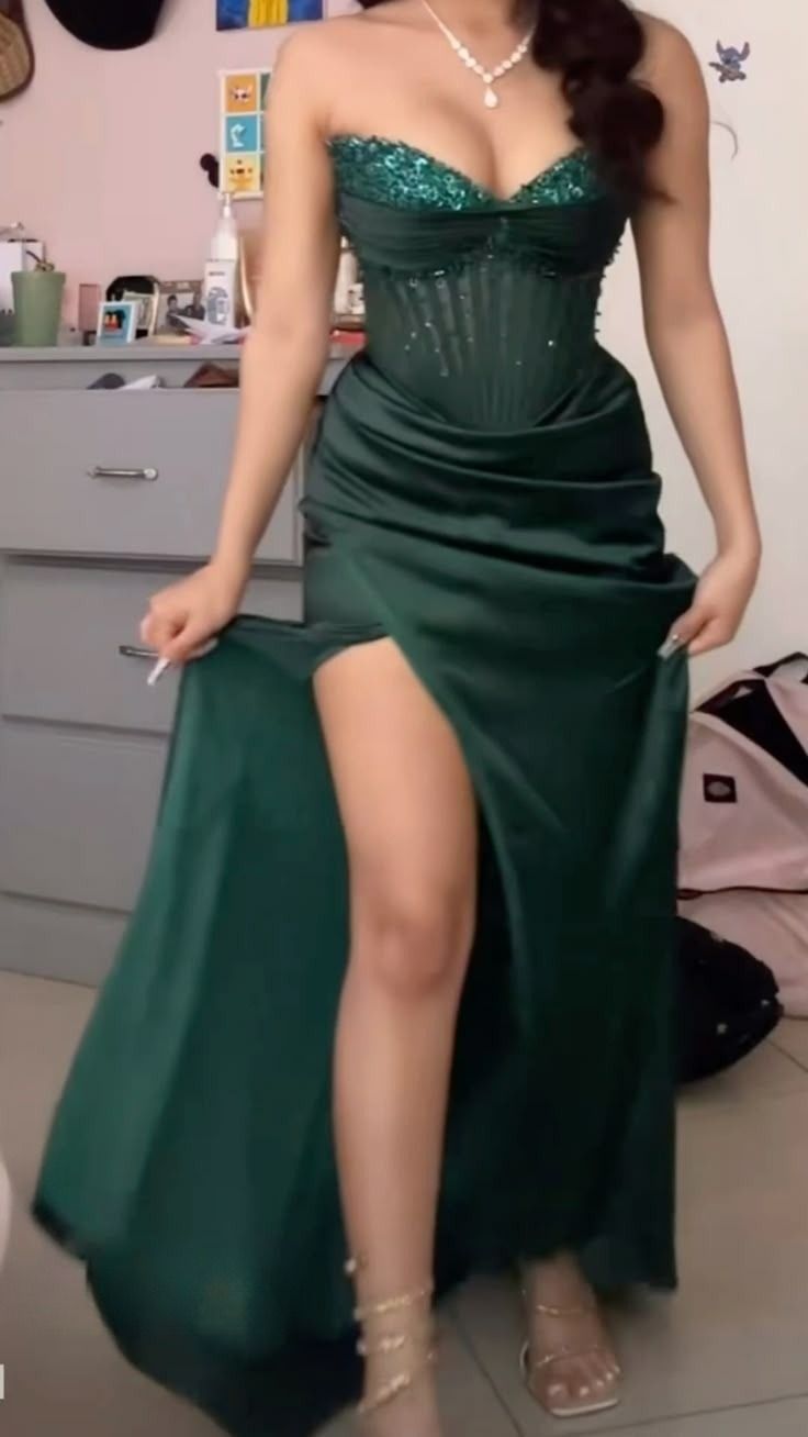 Dark Green Mermaid Strapless Satin Pleated Sequin Slit Long Prom Dress,Party Dress,Formal Evening Dress GG4286
