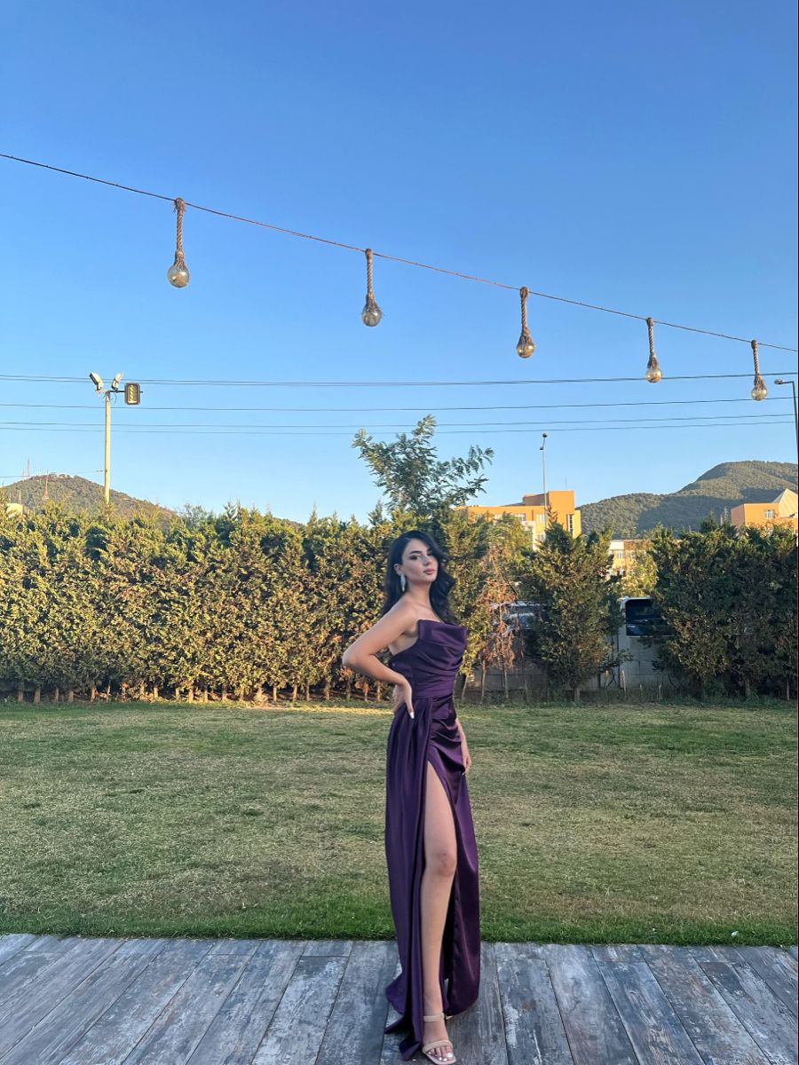 Dark Grape Mermaid Strapless Pleated Satin Slit Long Prom Dress,Party Dress,Formal Evening Dress GG4402