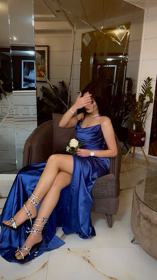 Navy Elegant Mermaid Strapless Pleated Satin Slit Long Prom Dress,Evening Dress GG5256