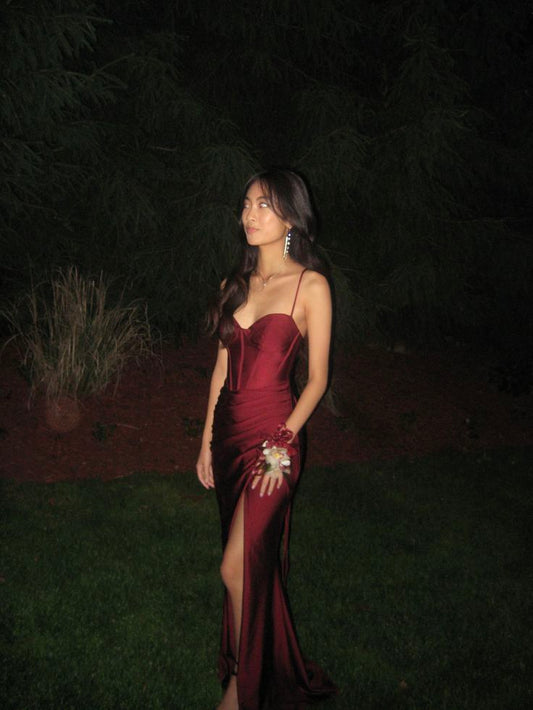 Classy Mermaid Spaghetti Straps Burgundy Pleated Satin Slit Long Prom Dress,Evening Dress GG5257