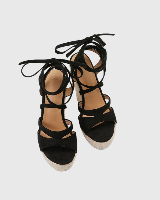 Gioia Lace Up Woven Wedge Espadrillas In Black