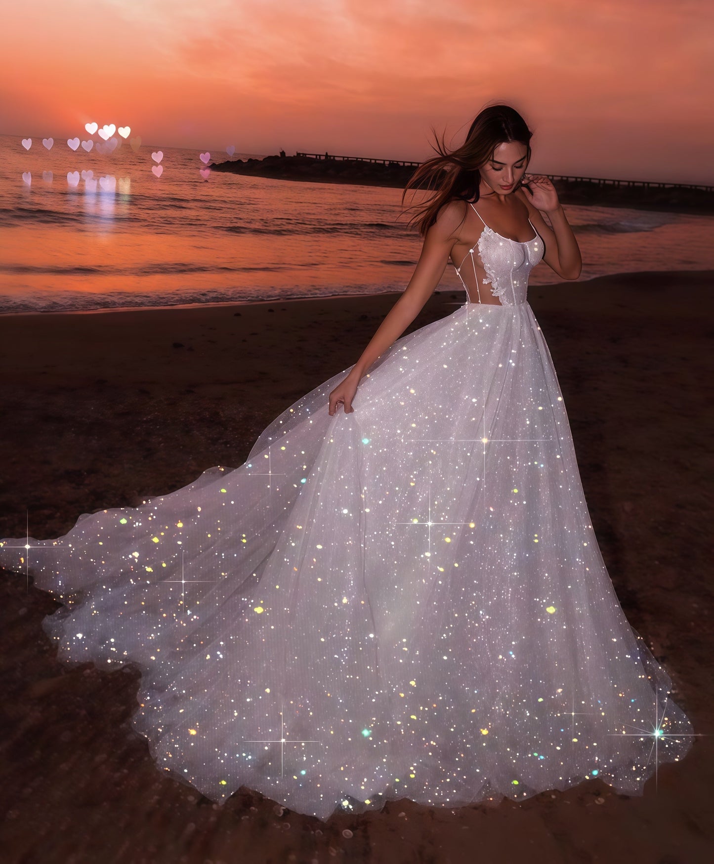 Glitter White Sequin Tulle Party Dresses, A-line Sleeveless Beach Wedding Gown