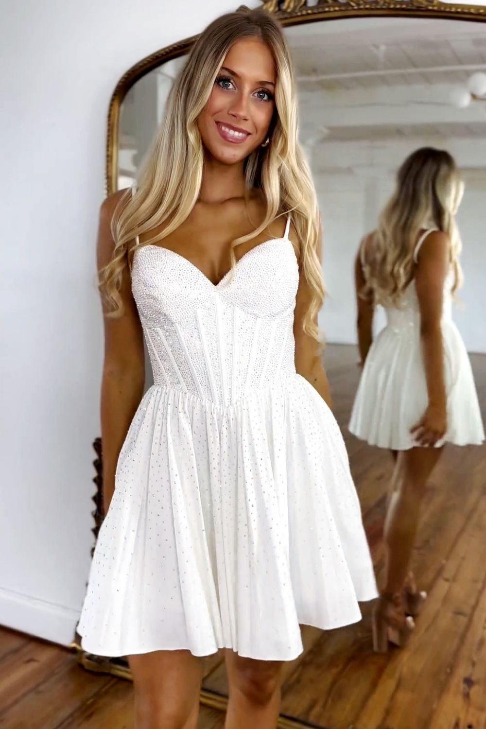 Glitter White A-Line Spaghetti Straps Short Dress with Beading Homecoming Dress