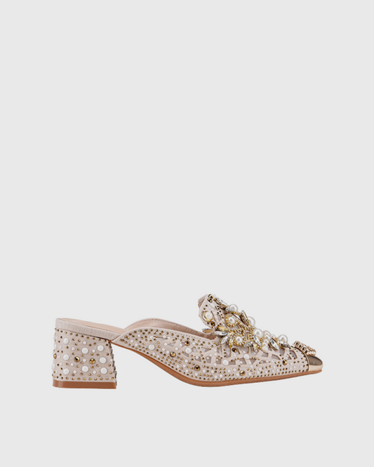 Greta Pearl Embellished Mules In Beige