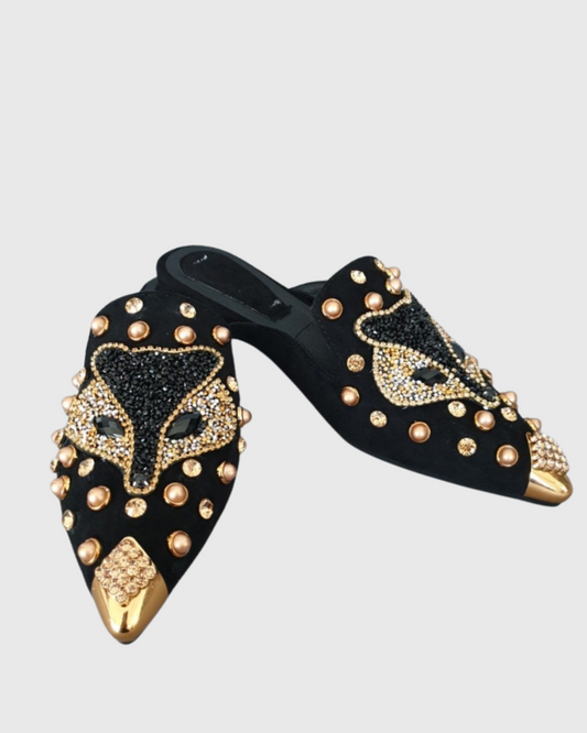 Greta Rhinestone Fox Slippers In Black