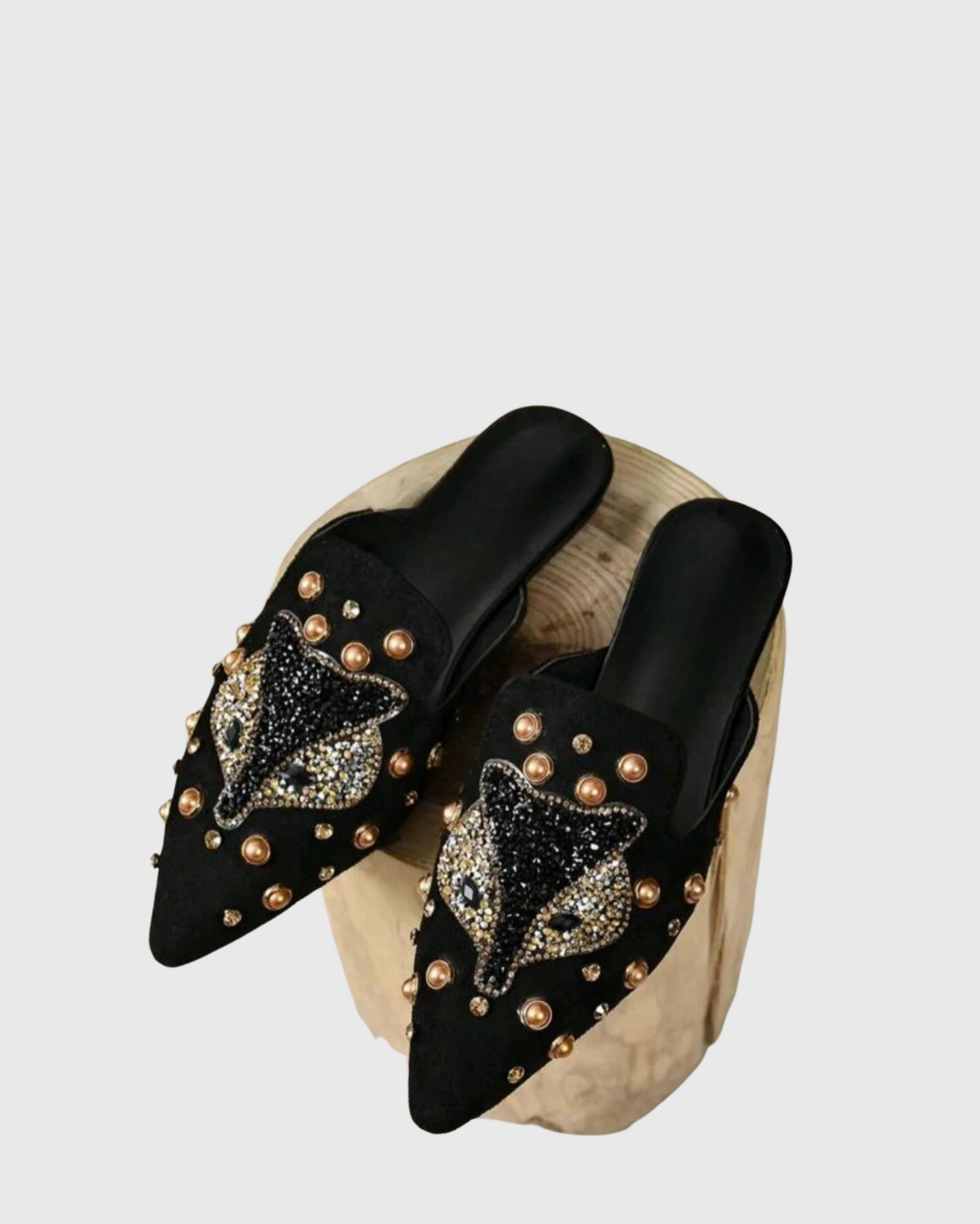 Greta Rhinestone Fox Slippers In Black