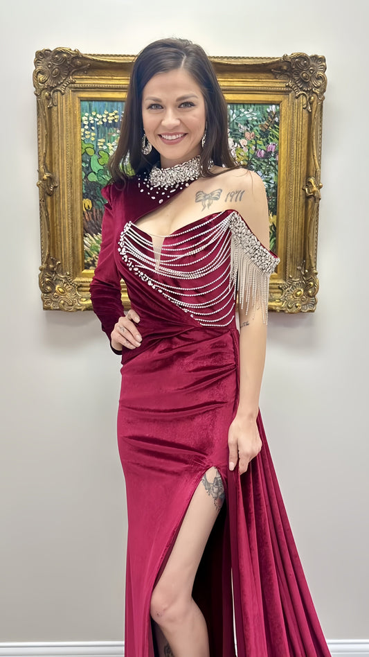High Quality Evening Party Dress, Burgundy Velvet Prom Dress, One Sleeve Beaded Long Dress, AST1541