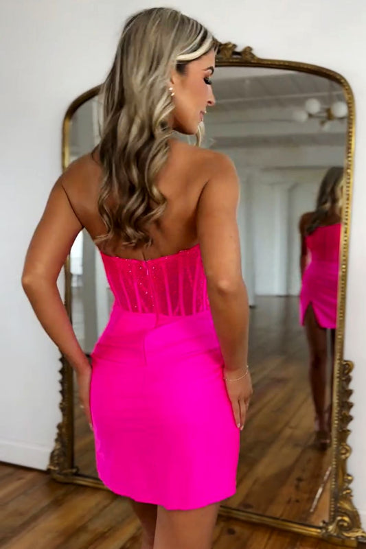 Glamorous Hot Pink Mermaid Short Homecoming Dress with Beading and Side Slit