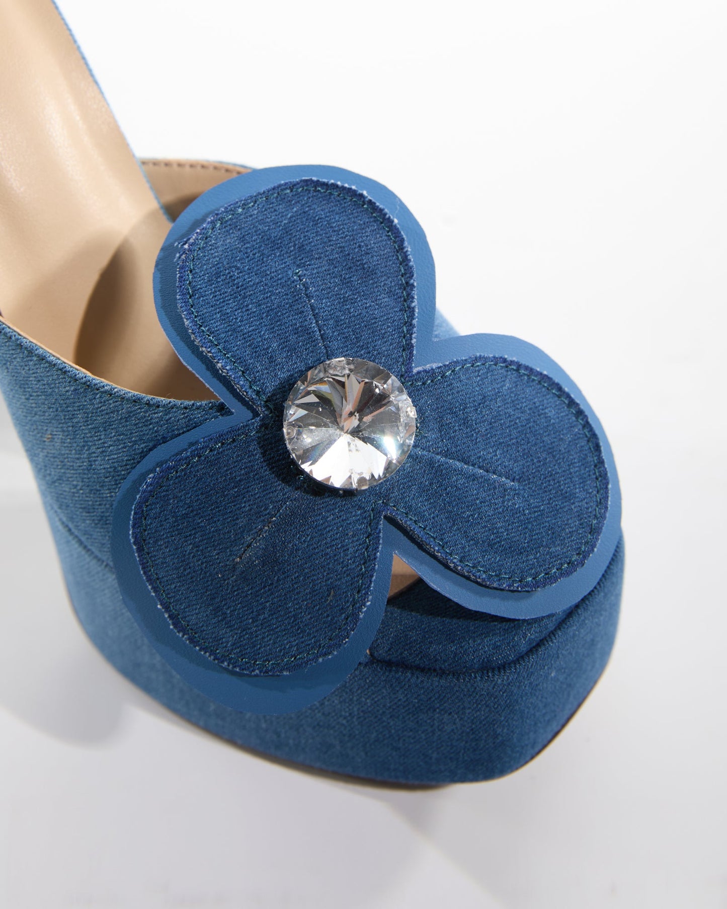 India Diamond Flowers Platform Mules In Blue