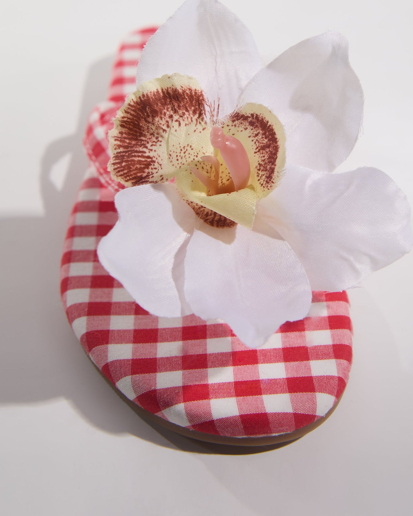 Indigo Plaid 3D Flower Slippers In Red