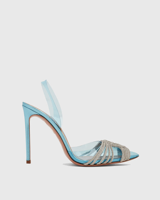 Italia Rhinestone Woven PVC Slingback Pumps In Blue
