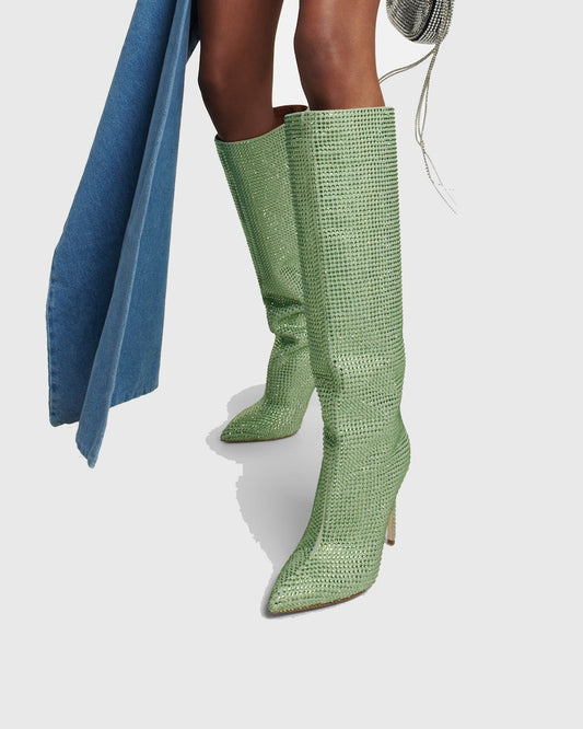 Laurenza Rhinestone Embellished Leather Knee High Boots In Green