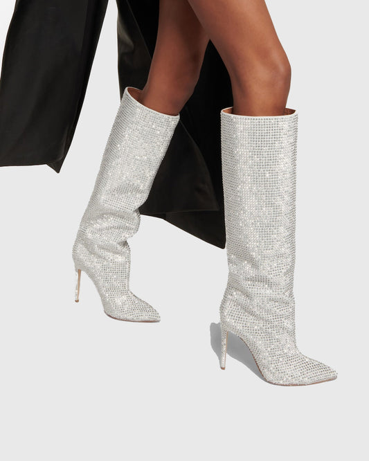 Laurenza Rhinestone Embellished Leather Knee High Boots In Silver