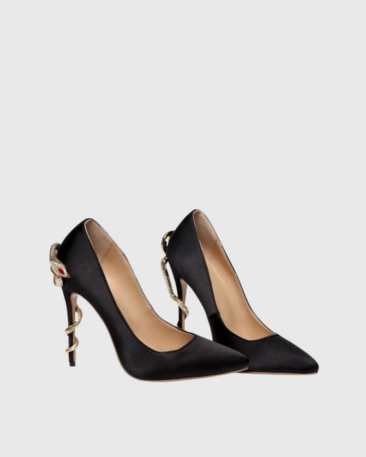 Layla Metal Rhinestone Snake Heels In Black