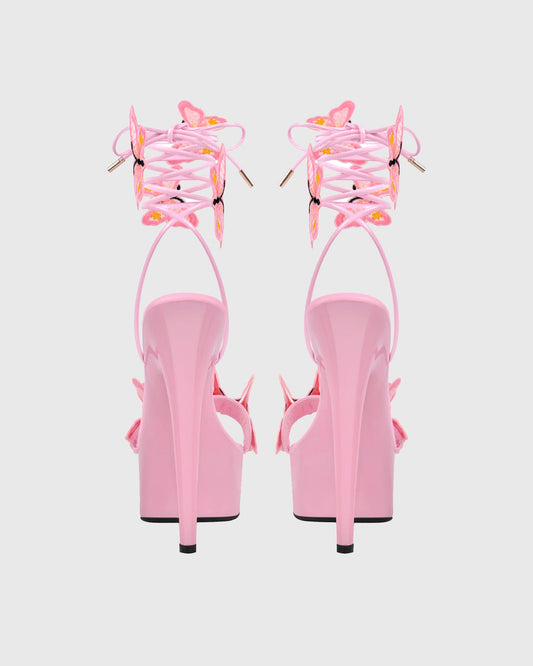 Lelia Bow Embroidery Lace Up Platform Sandals In Pink