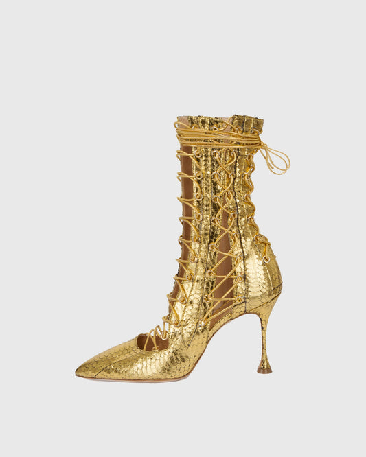 Liana Snake Print Lace up Ankle Boots In Gold