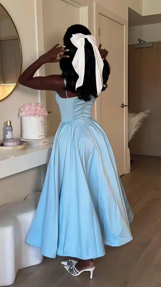 Light Blue Spaghetti Straps A-Line Midi Dress Satin Party Dresses