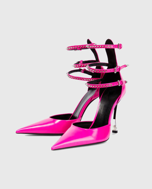 Lilla Leather Rivet Ankle Strap Flared Heels In Pink