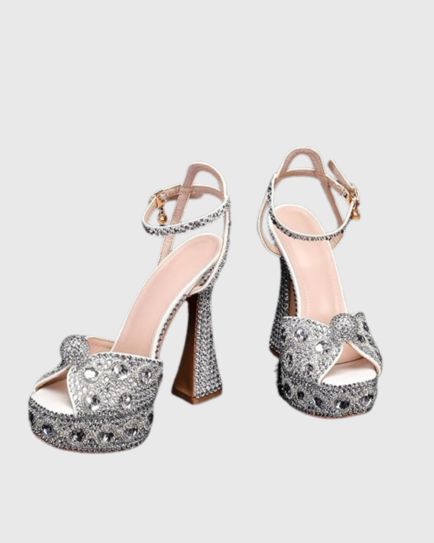 Liviana Rhinestone Platform Flared Heels In Silver