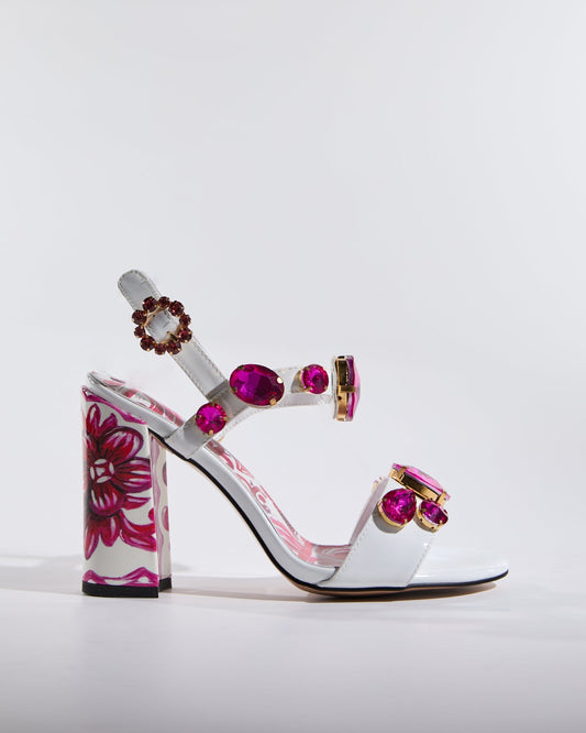 Loreto Flower Print Rhinestone Sandals In Pink