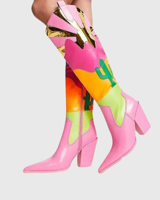 Luana Color Splicing Cowboy Knee High Boots
