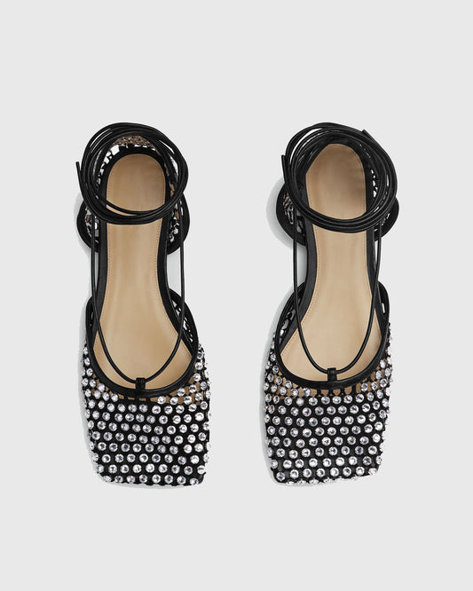 Luca Rhinestone Embellished Fishnet Lace Up Flats In Black