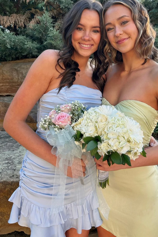 Strapless Pleated Satin Ruffles Mini Cocktail Homecoming Dress