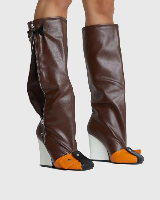 Matilde Splicing Wedge Knee High Boots In Brown