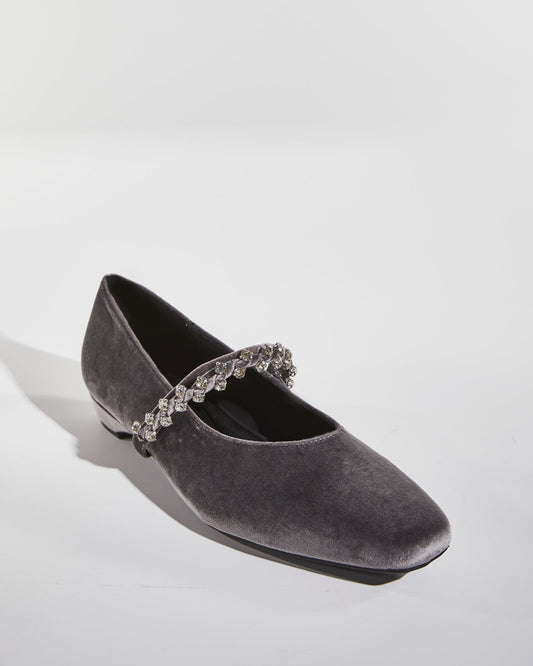 Meg Rhinestone Strap Velvet Flats In Grey