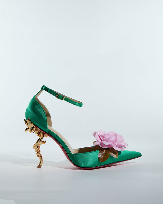 Mya 3D Flower Sculptural Heels In Green