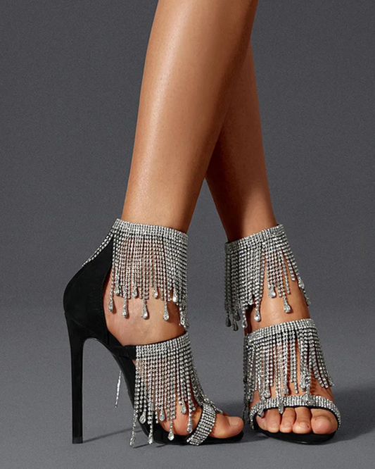 Navy Rhinestone Fringe Sandals