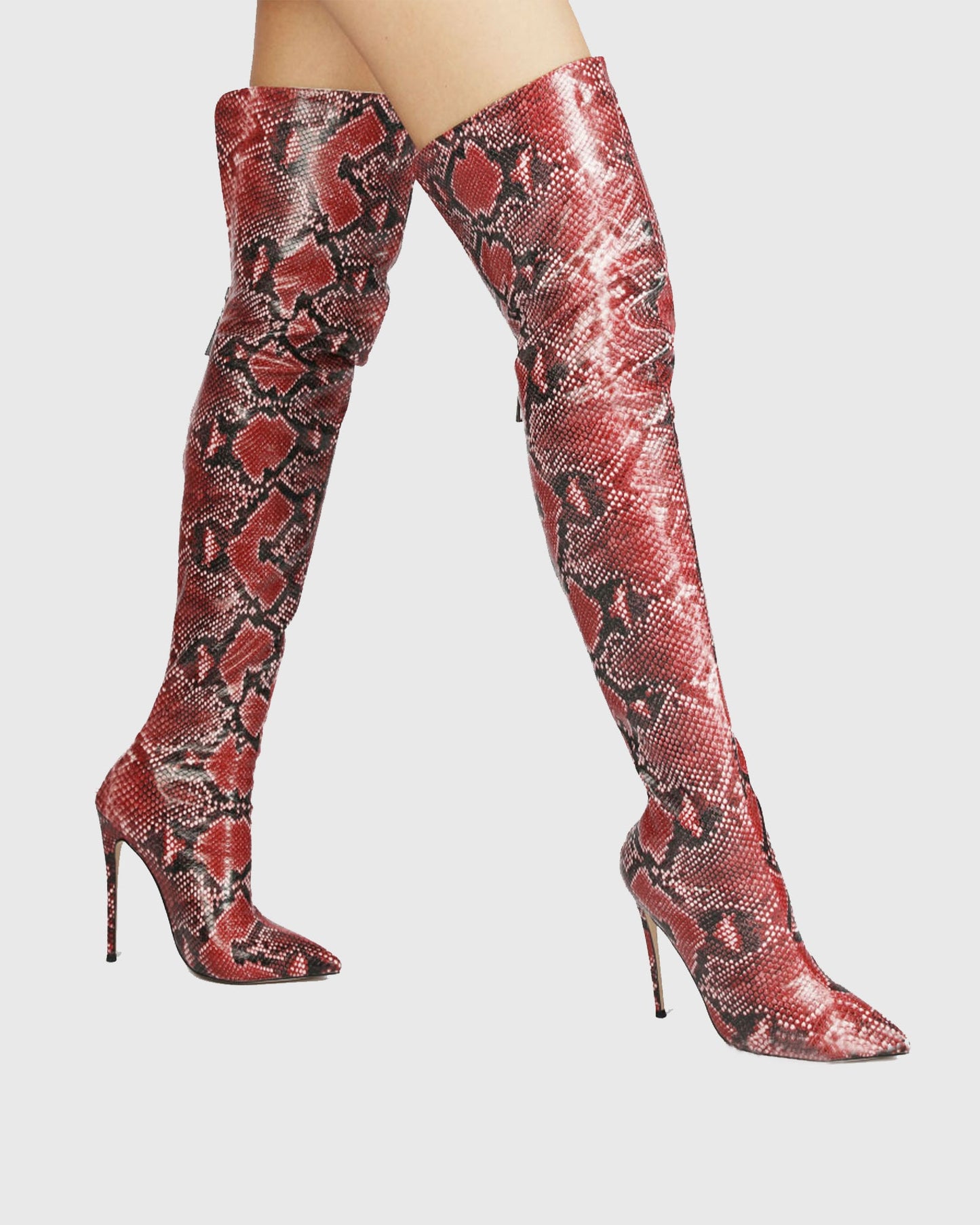 Nives Snake Print Over The Knee Boots In Red