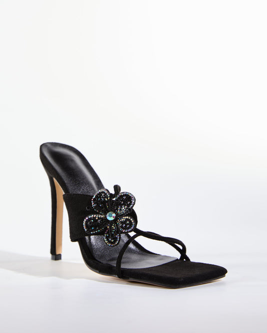 Noa Diamond Flower Velvet Slippers In Black